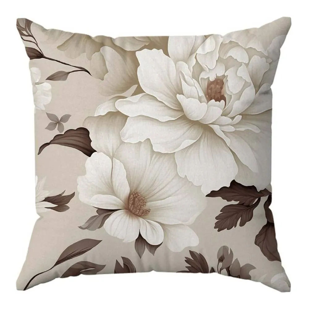 Almofada Veludo Estampado 48X48cm - Flores Off e Marrom