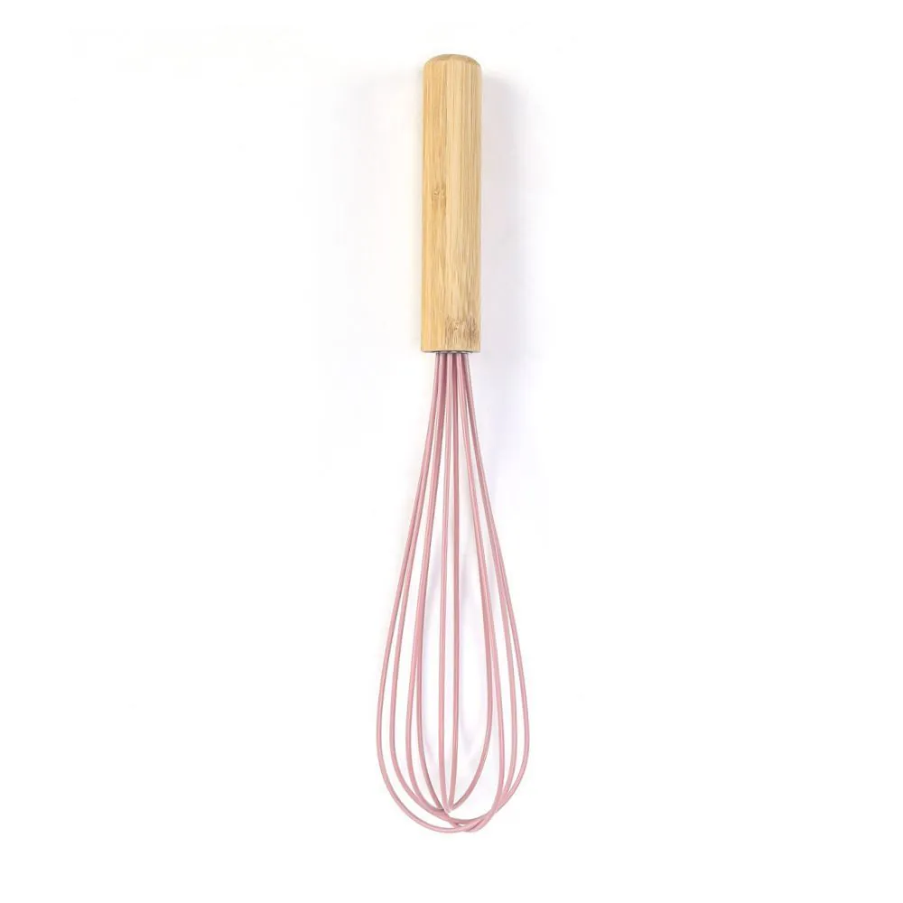 Batedor Fouet de Silicone com Cabo de Bambu - Rosa
