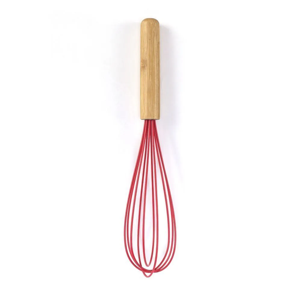 Batedor Fouet de Silicone com Cabo de Bambu - Vermelho