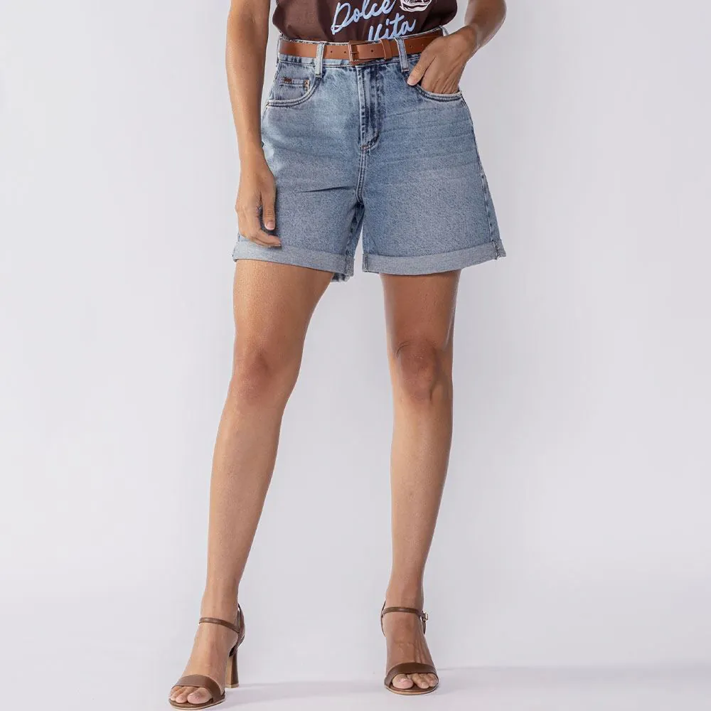 Bermuda Feminina Jeans com Cinto Patricia Foster Azul Medio
