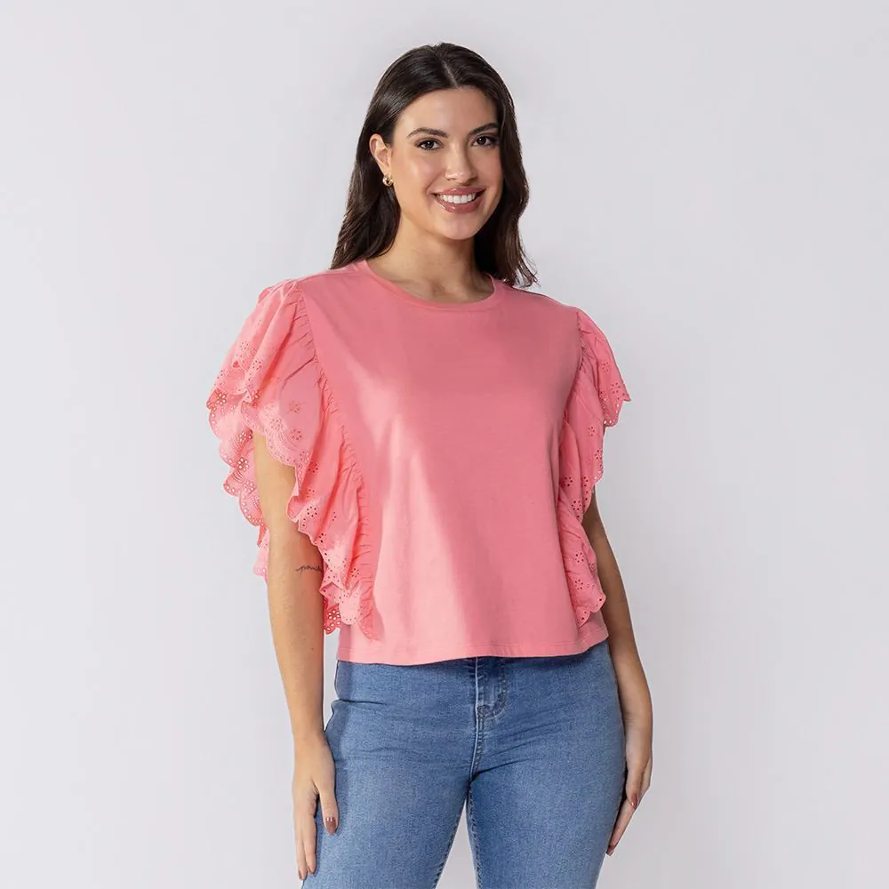 Blusa Feminina com Babado em Laise Boby Blues Gelatina