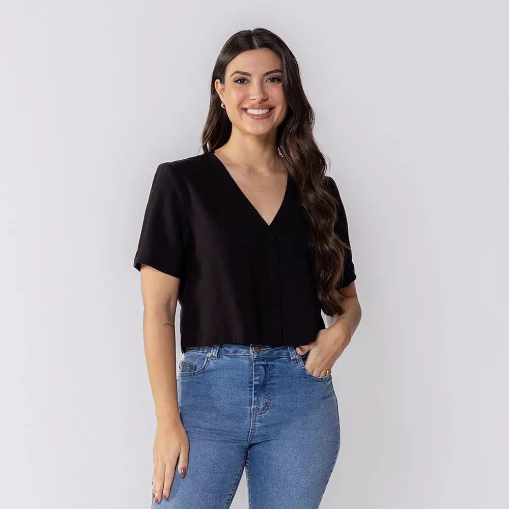 Blusa Feminina com Botões e Decote V Patricia Foster Preto