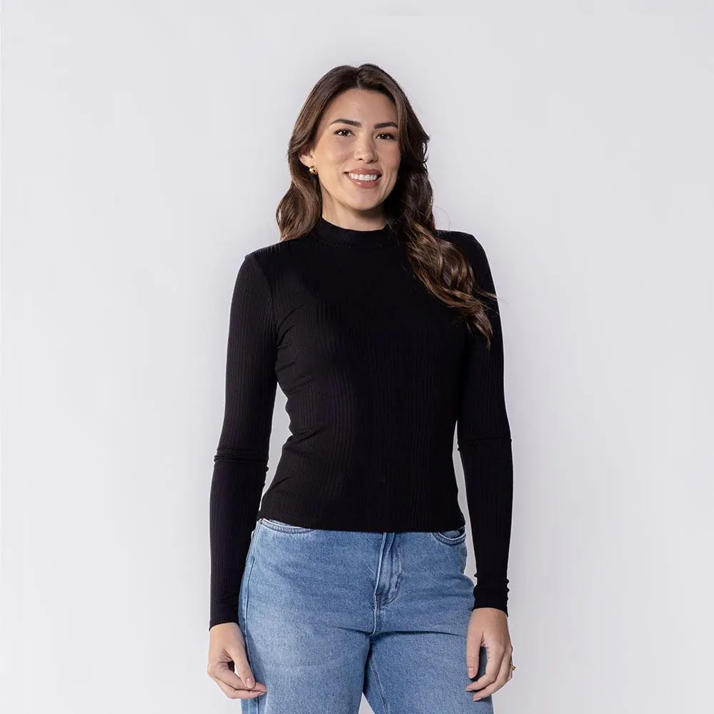 Blusa Feminina com Manga Longa e Gola Alta Canelada Patricia Foster Preto