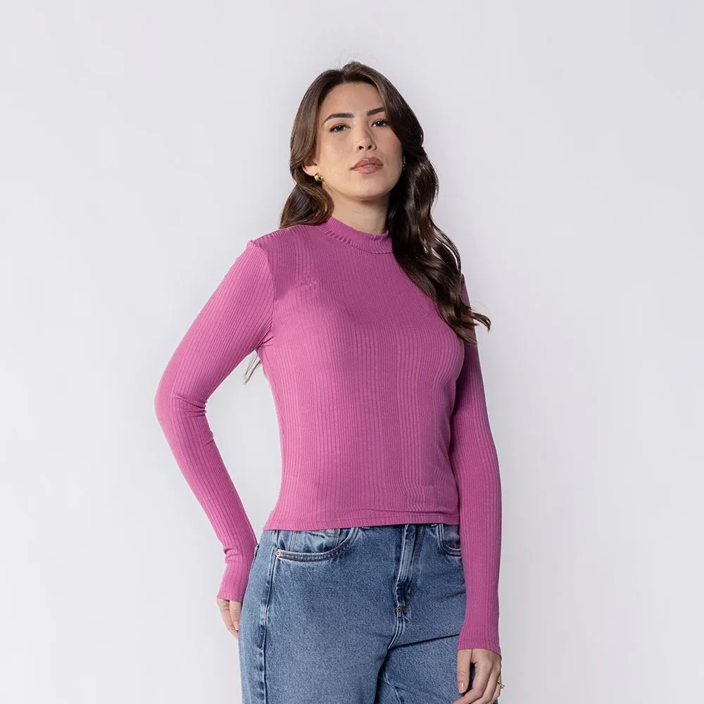 Blusa Feminina com Manga Longa e Gola Alta Canelada Patricia Foster Rosa Cha