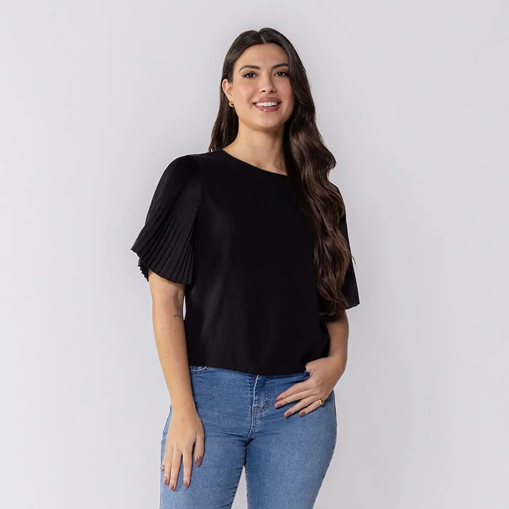 Blusa Feminina com Manga Plissada Patricia Foster Preto