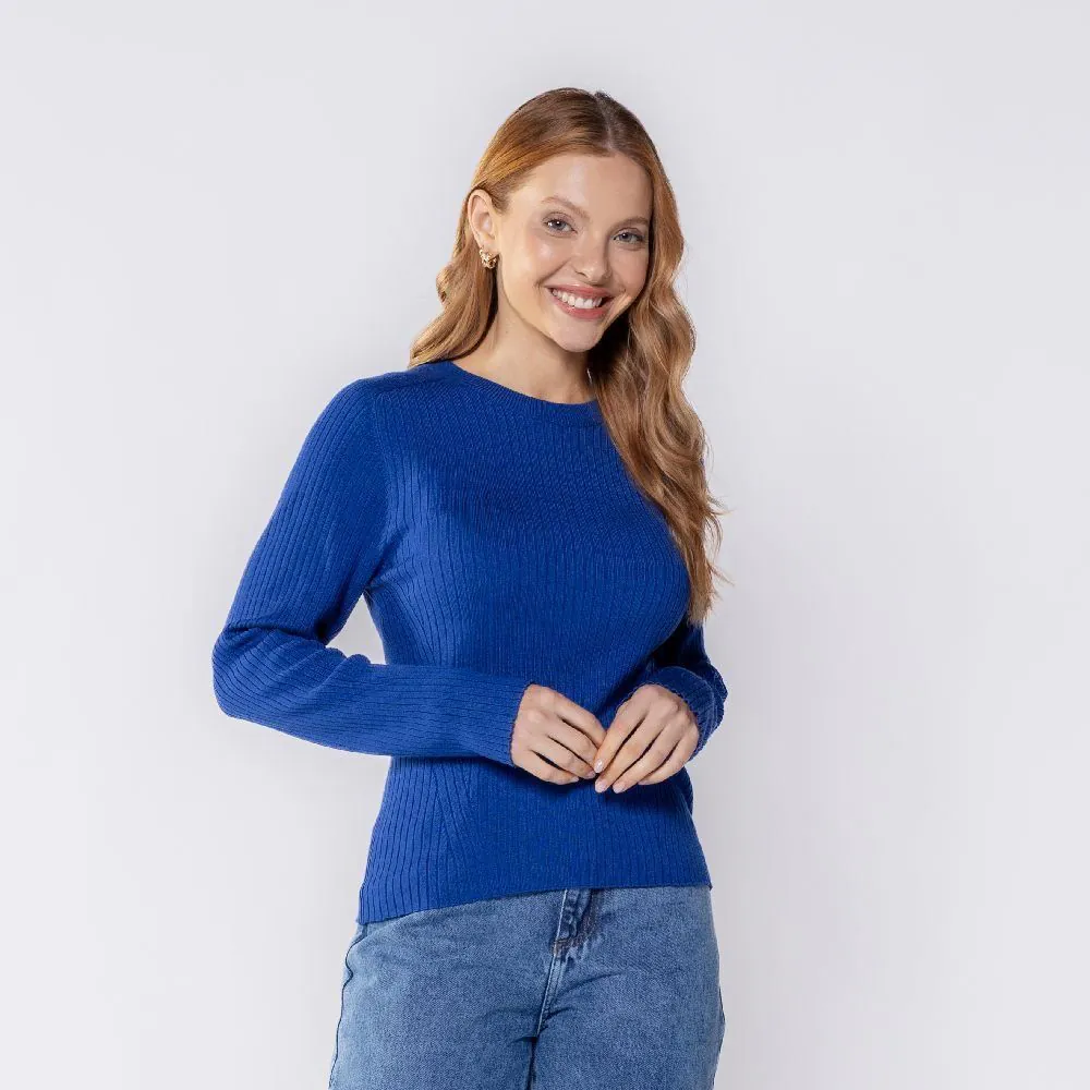 Blusa Feminina de Tricot Canelado Manga Longa Boby Blues Azul Genciano