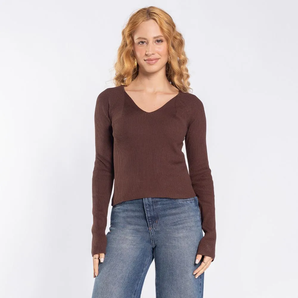 Blusa Feminina de Tricot Manga Longa Boby Blues Marrom