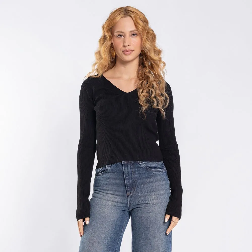 Blusa Feminina de Tricot Manga Longa Boby Blues Preto