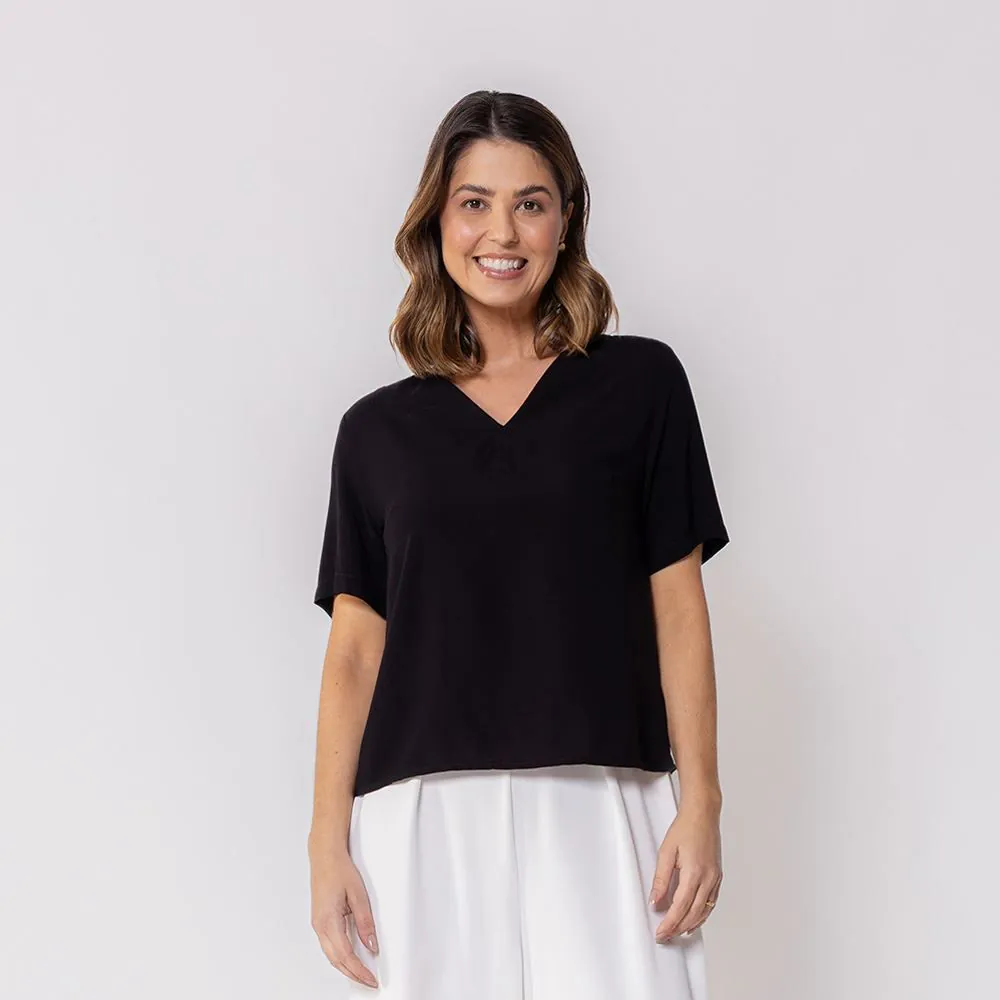 Blusa Feminina Decote V Manga Curta Patricia Foster Preto