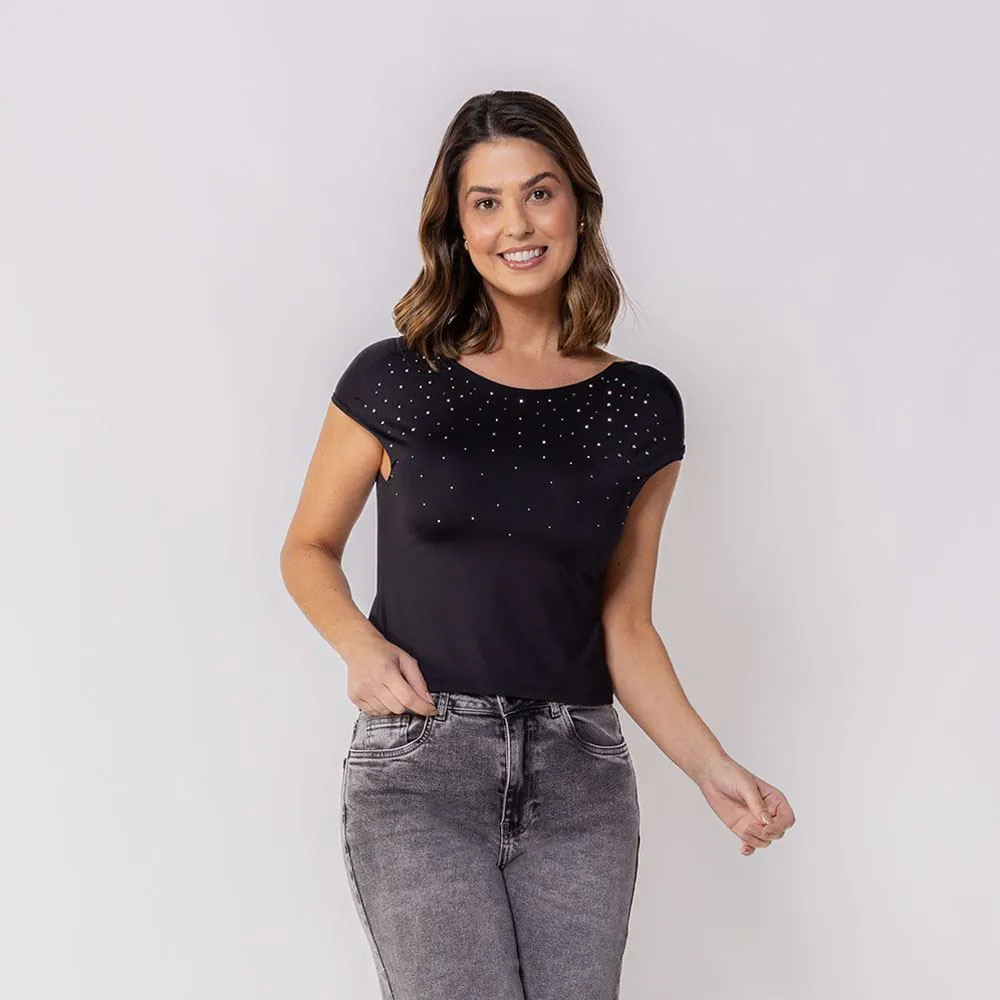 Blusa Feminina em Microfibra com Strass Boby Blues Preto