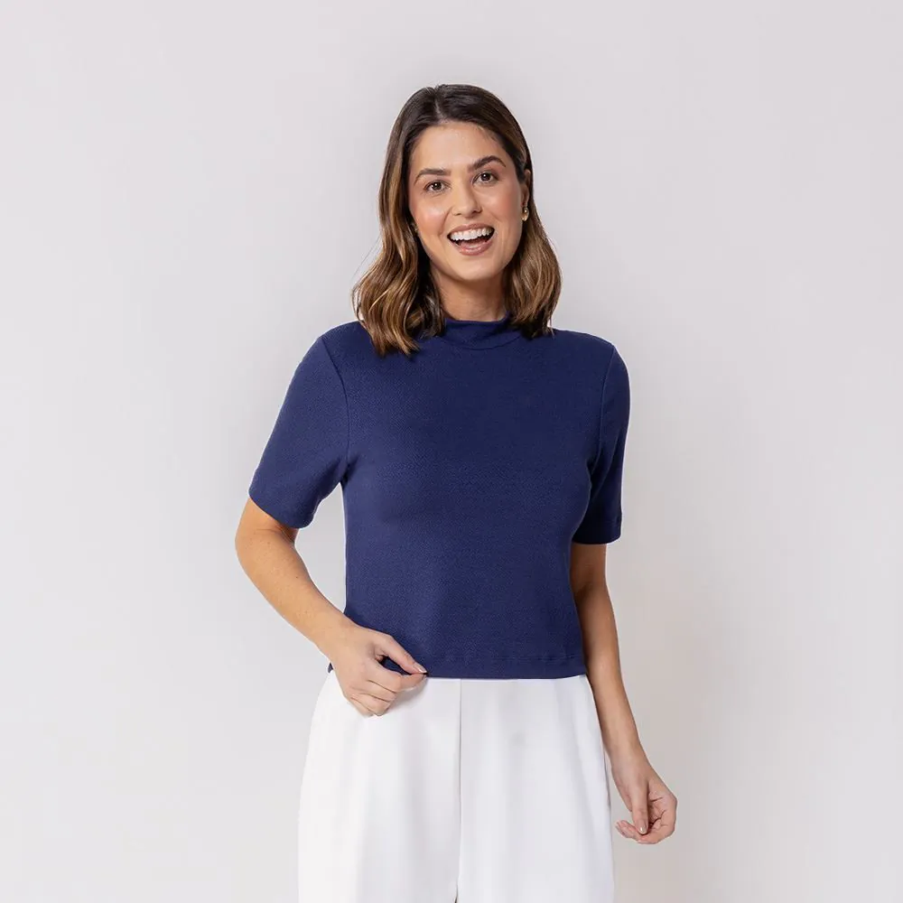 Blusa Feminina Gola Alta Patricia Foster Azul Marinho