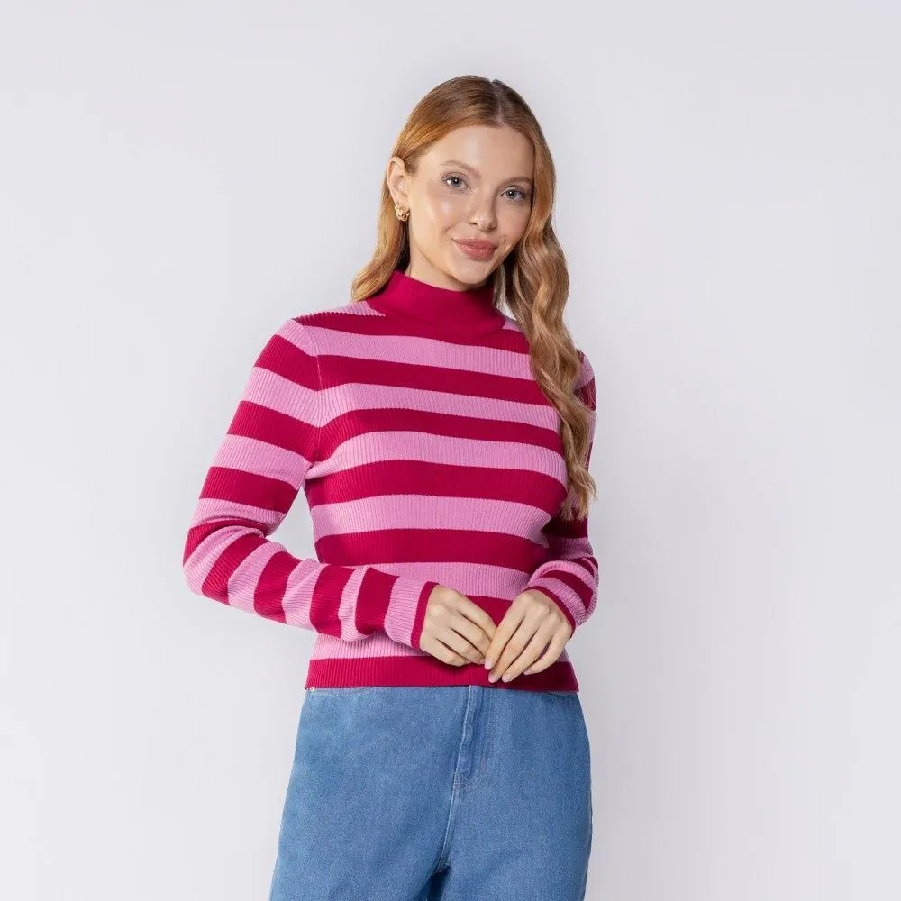 Blusa Feminina Listrada de Tricot Canelado Boby Blues Peony/Vermelho