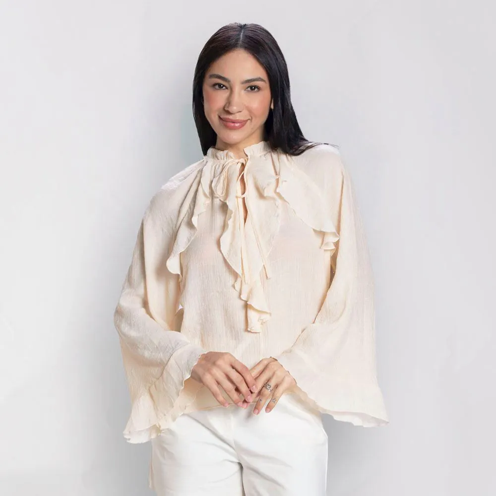 Blusa Feminina Manga Longa com Babados Patricia Foster Bege