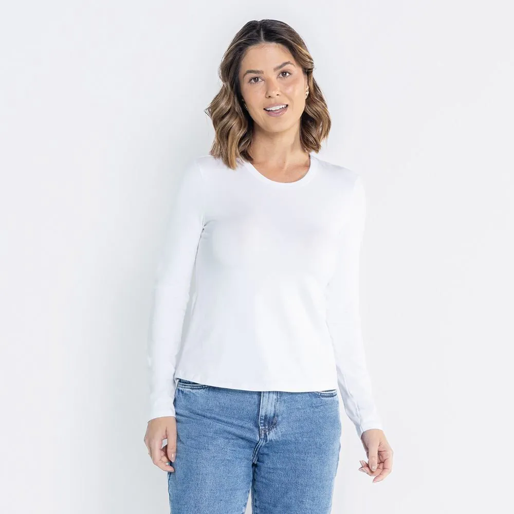Blusa Feminina Manga Longa com Gola Redonda Patricia Foster Branco