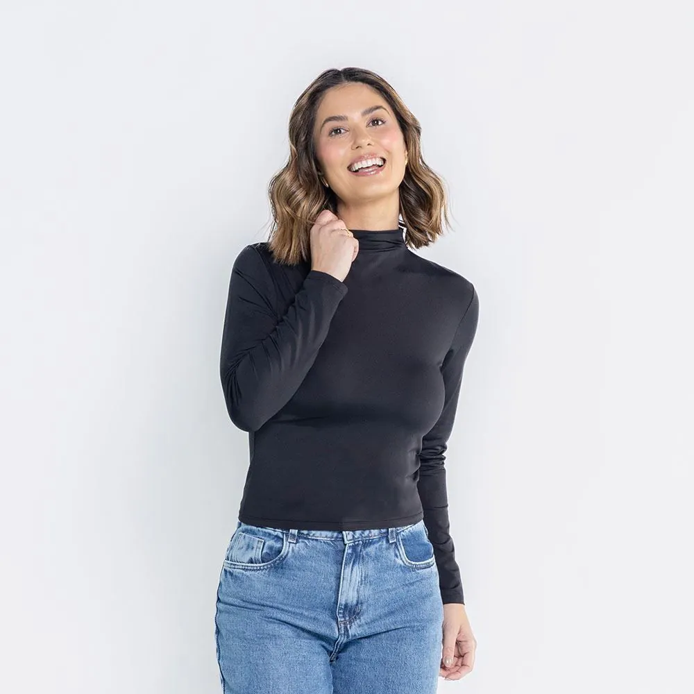 Blusa Feminina Manga Longa de Microfibra Patricia Foster Preto
