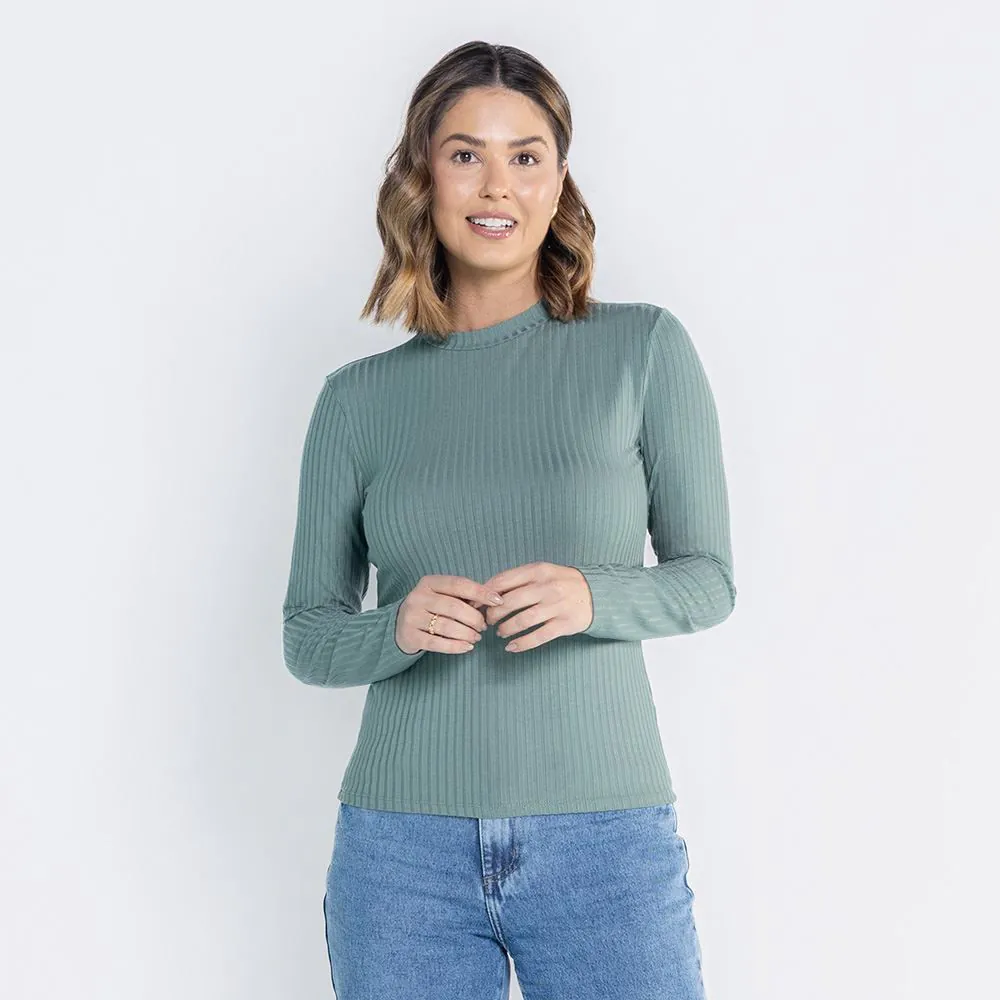 Blusa Feminina Manga Longa e Gola Alta Canelada Patricia Foster Verde Clima