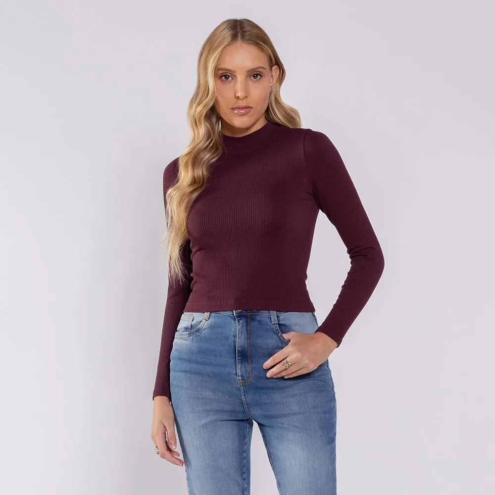 Blusa Feminina Manga Longa Sem Costura Boby Blues Bordo