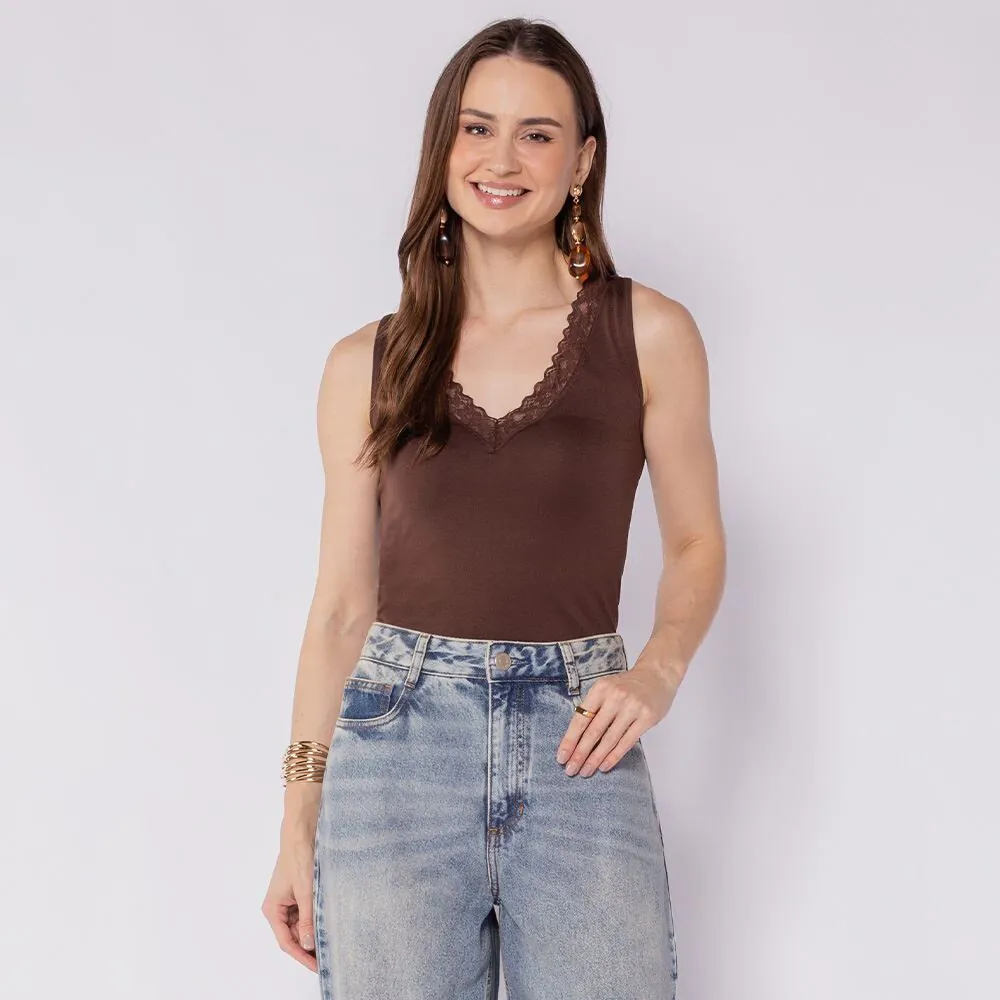Body Feminino com Renda Patricia Foster Marrom