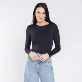 Body Feminino Manga Longa em Poliamida Patricia Foster Azul Marinho