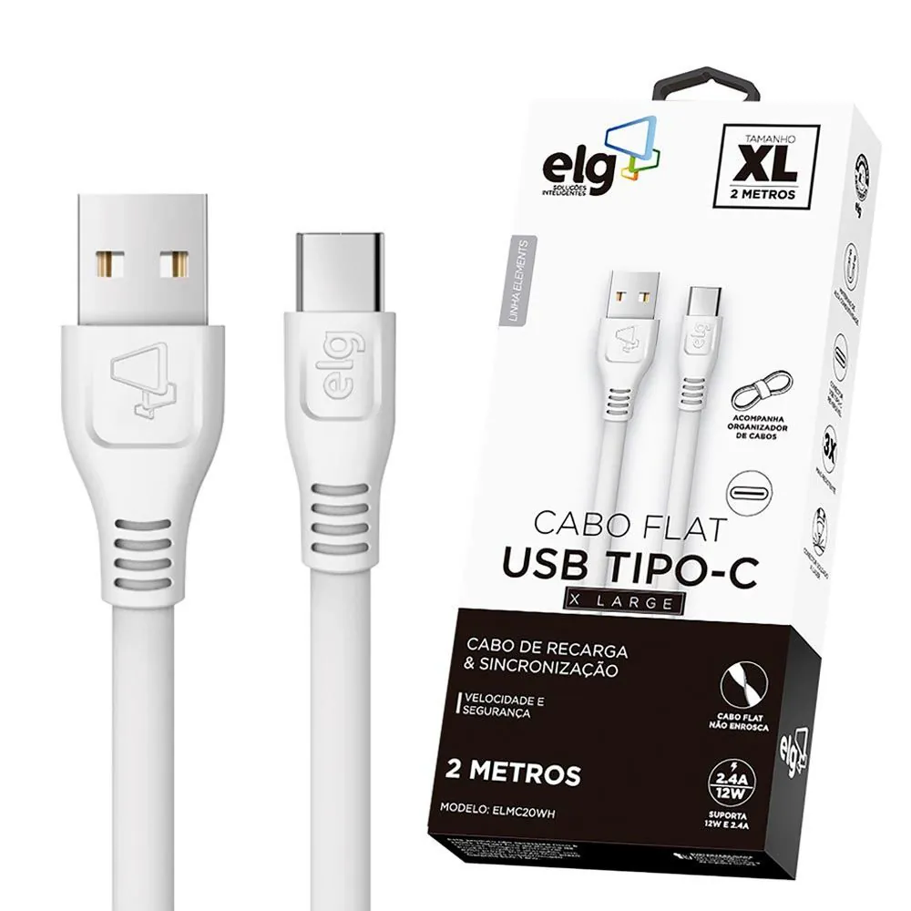 Cabo Flat USB Tipo-C 2 Metros ELMC20WH Elg - Branco
