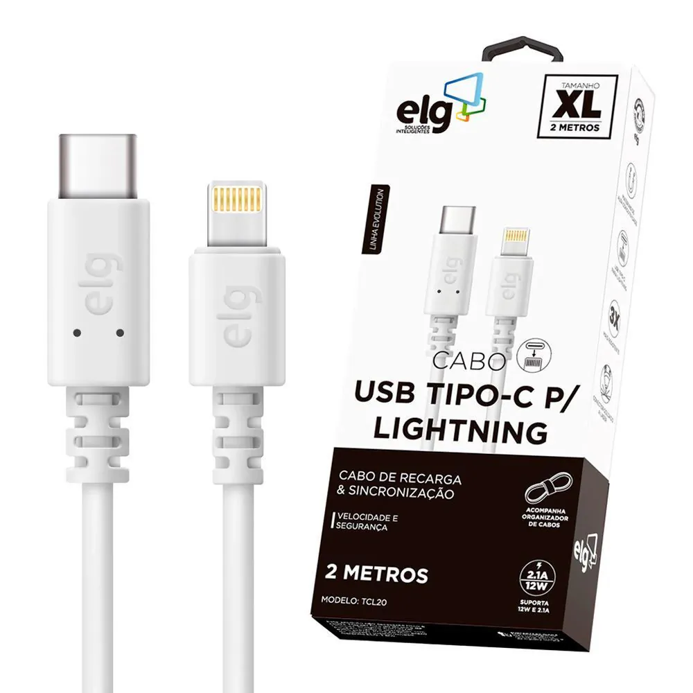 Cabo Lightning USB Tipo-C 2 Metros Elg TCL20 - Branco