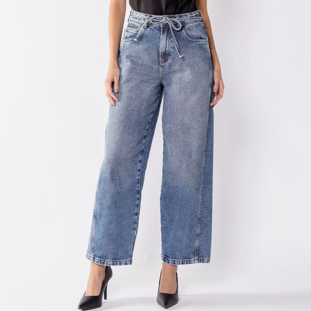 Calça Barrel Jeans Feminina com Cinto Boby Blues Azul Claro