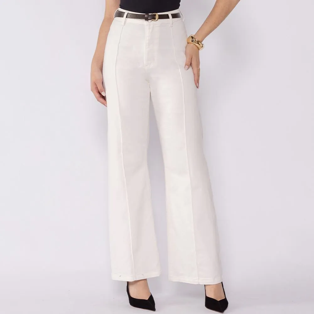 Calça Feminina em Sarja Wide Leg com Cinto Patricia Foster Natural