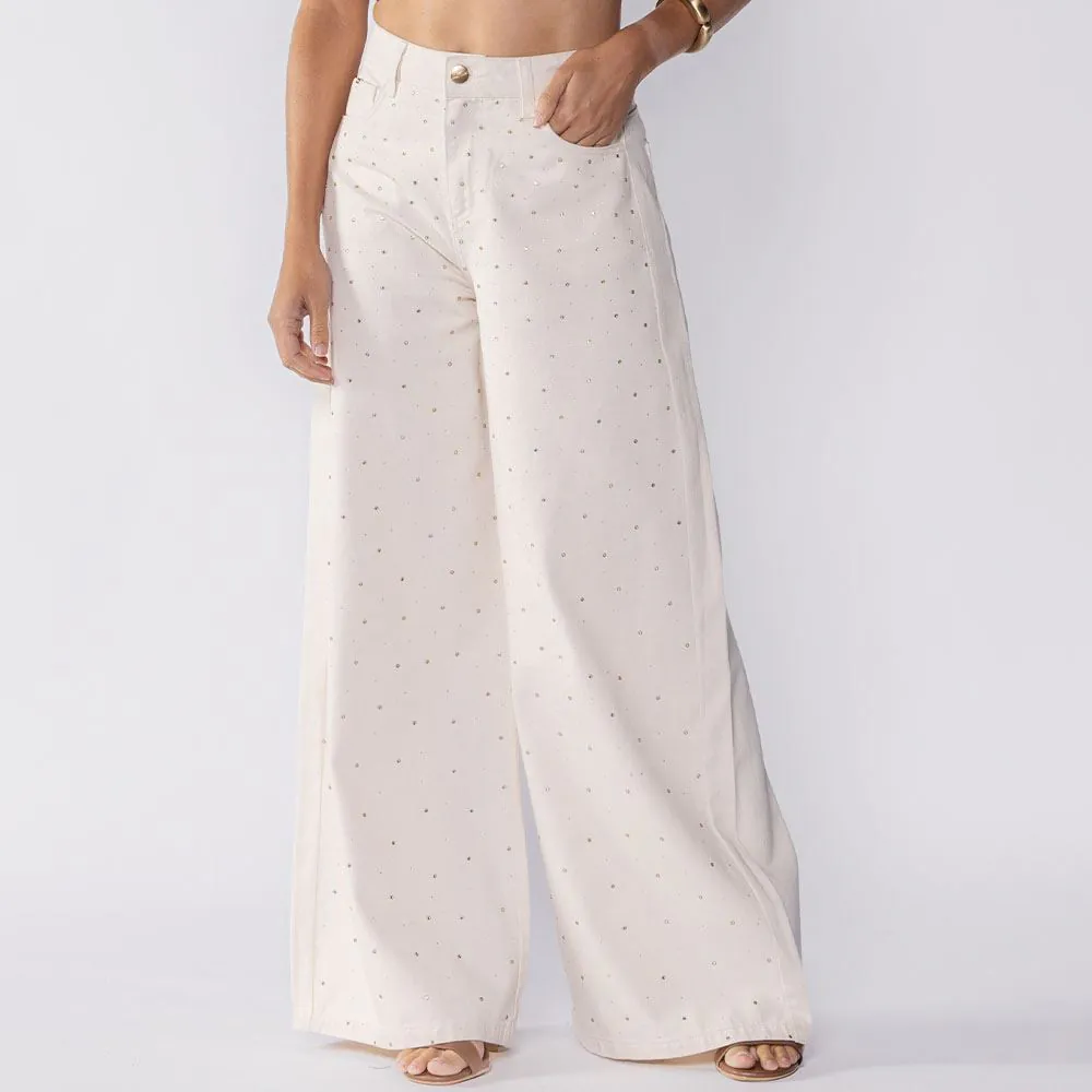 Calça Feminina Palazzo com Strass Boby Blues Natural