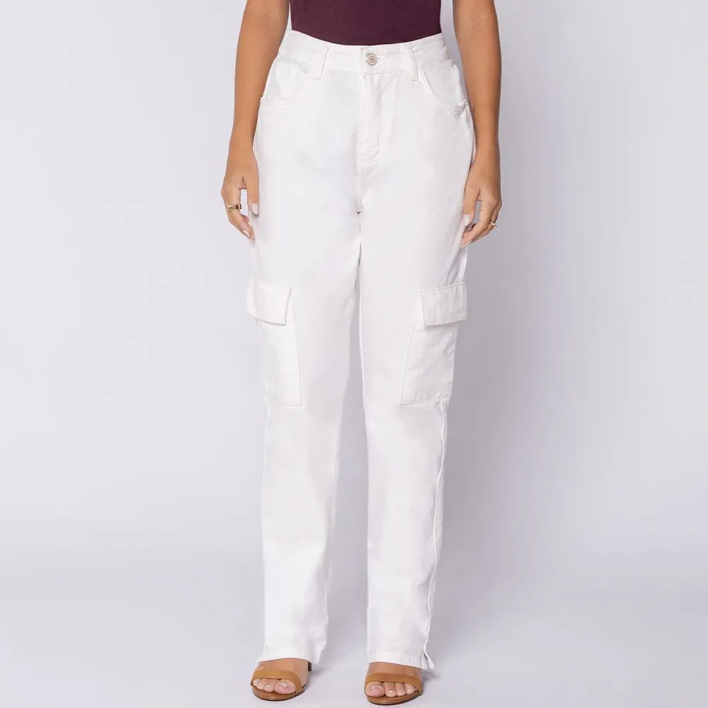 Calça Feminina Reta Cargo em Sarja Sawary Off White