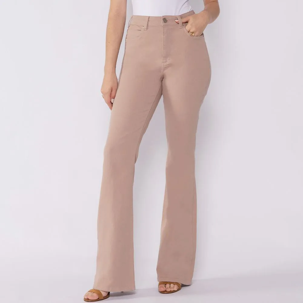 Calça Feminina Wide Flare em Sarja Patricia Foster Caqui