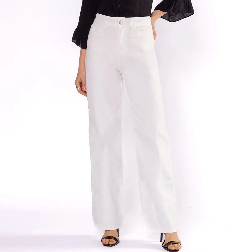 Calça Feminina Wide Leg Collor em Sarja Sawary Off White