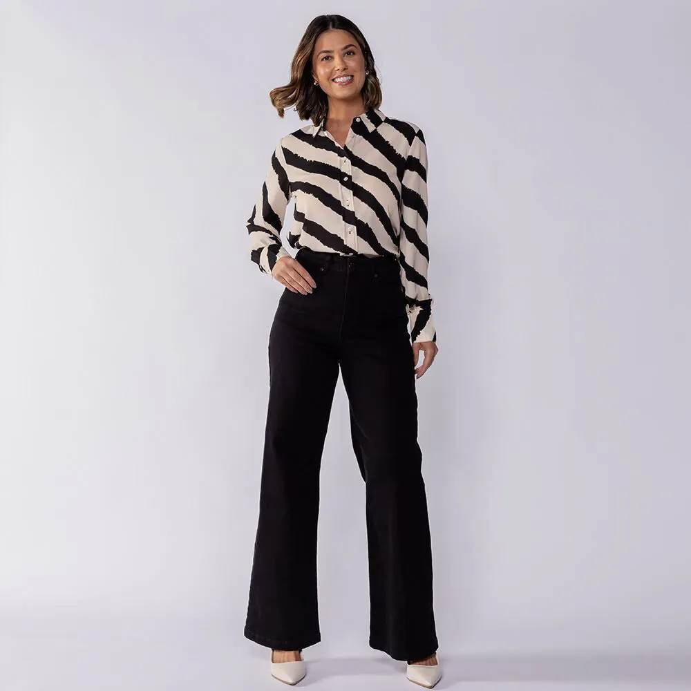 Calça Feminina Wide Leg Collor Sarja Boby Blues Preto