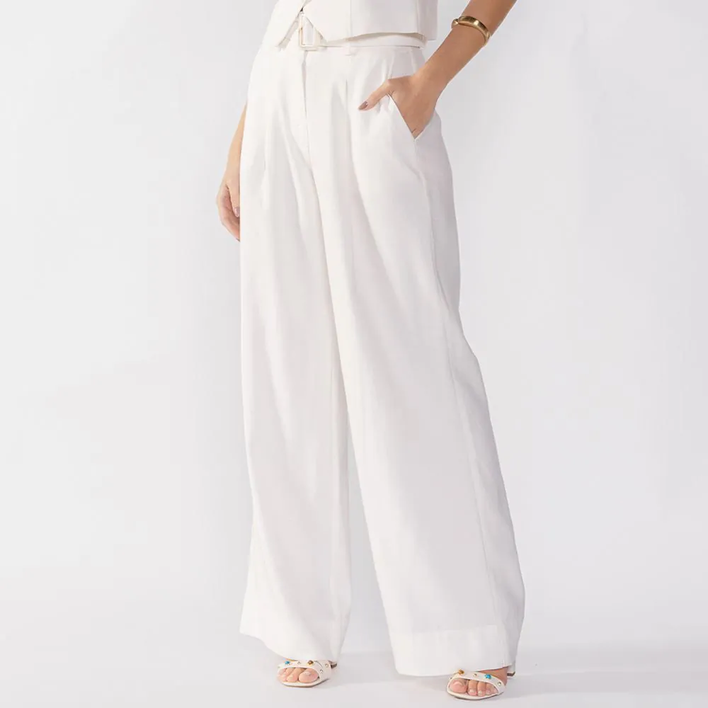 Calça Feminina Wide Leg com Cinto Patricia Foster Off White