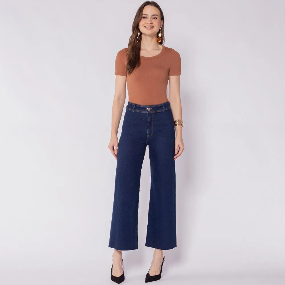 Calça Feminina Wide Leg Cropped Patricia Foster Azul Escuro