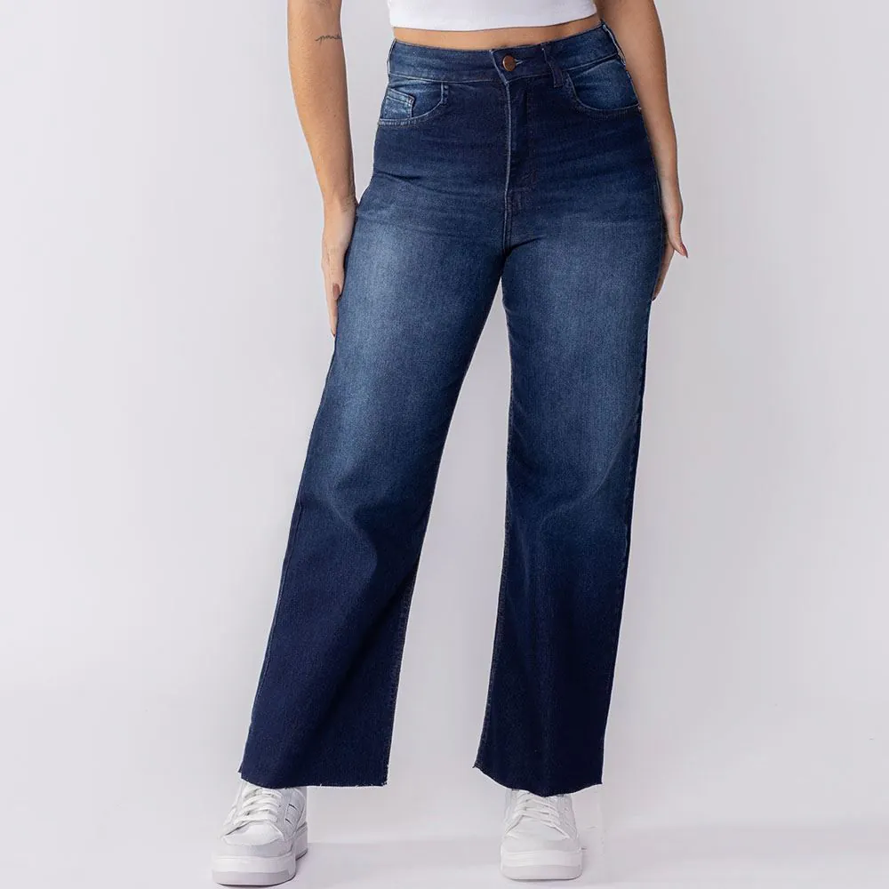 Calça Feminina Wide Leg Cropped Patricia Foster Azul Escuro