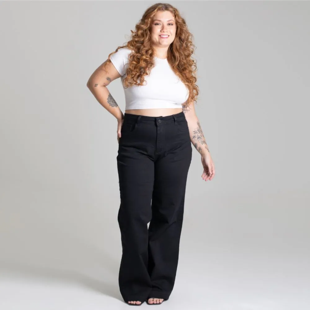 Calça Feminina Wide Leg de Sarja Sawary Preto