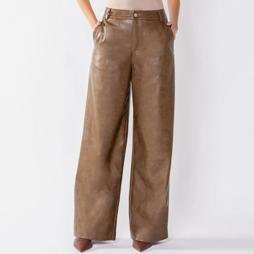 Calça Feminina Wide Leg em PU Boby Blues Marrom Estonado