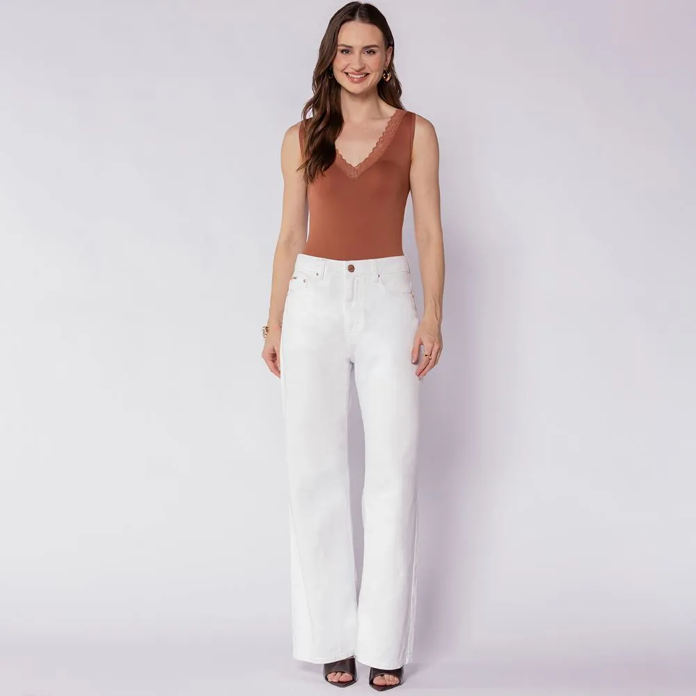 Calça Feminina Wide Leg em Sarja Patricia Foster Branco