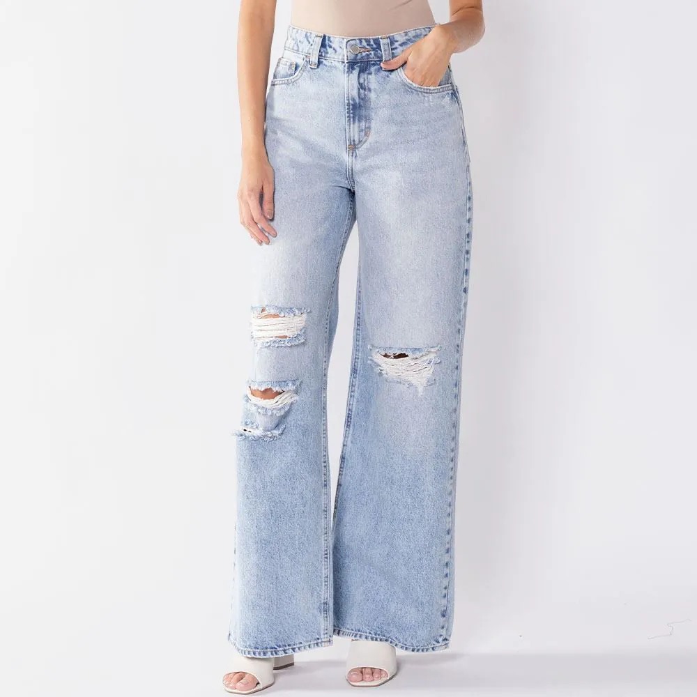 Calça Feminina Wide Leg Jeans Boby Blues Azul Claro