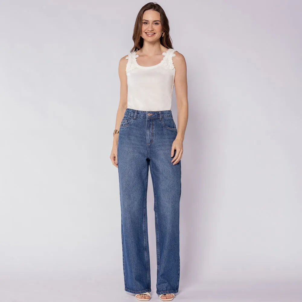 Calça Feminina Wide Leg Patricia Foster Azul Medio