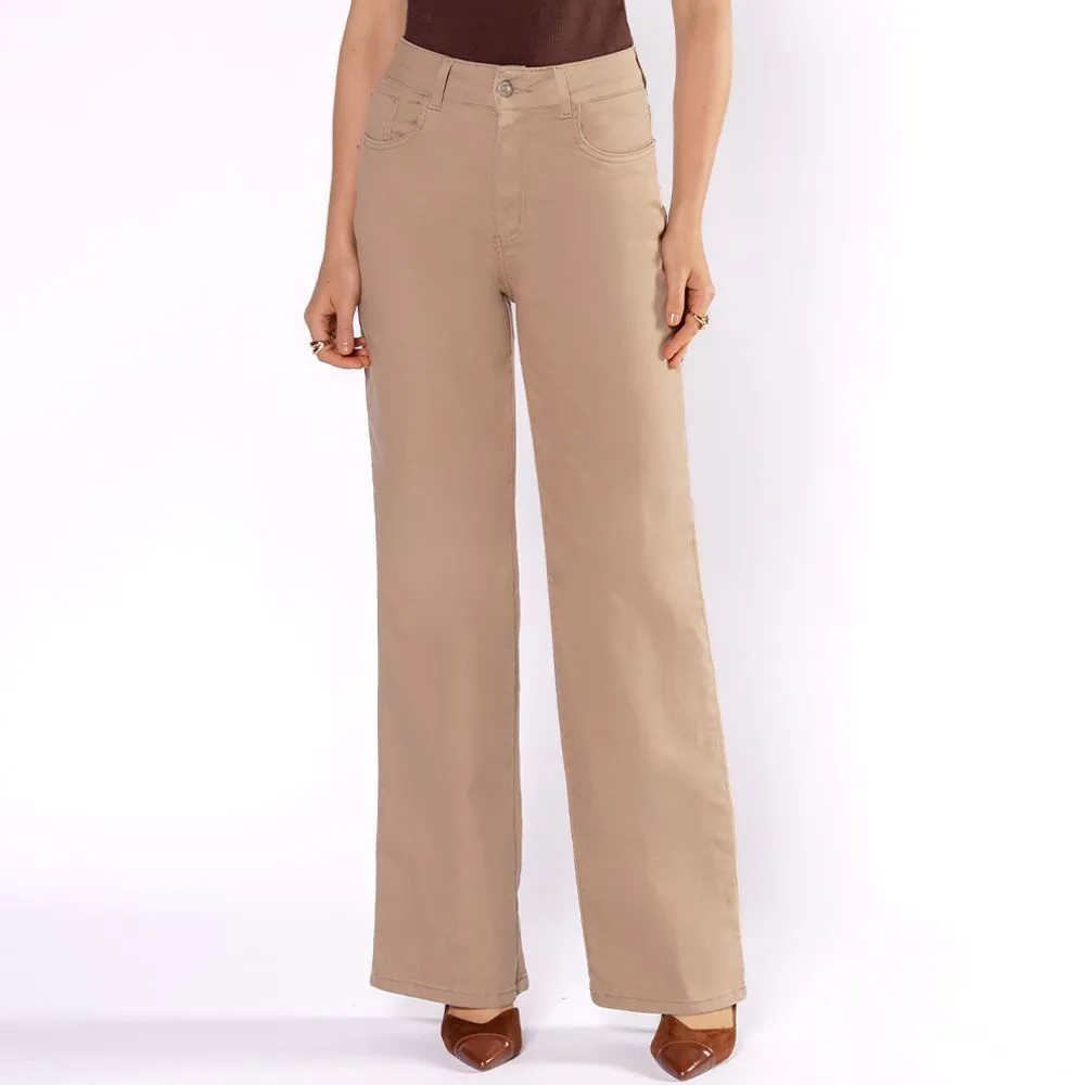 Calça Feminina Wide Leg Sarja Sawary Caqui