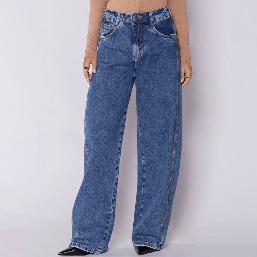 Calça Jeans Feminina Barrel Sawary Azul Medio