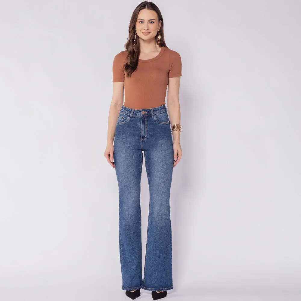 Calça Jeans Feminina Flare Patricia Foster Azul Medio