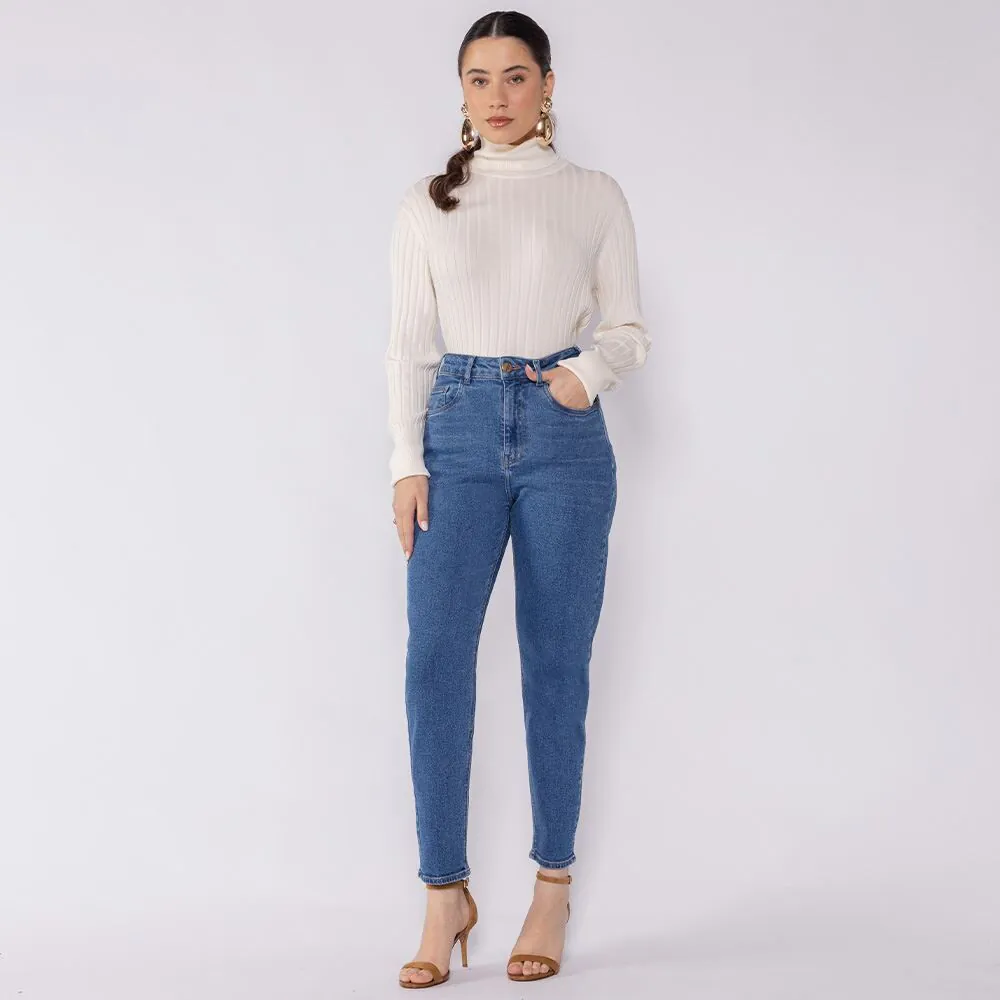 Calça Jeans Feminina Mom Patricia Foster Azul Medio