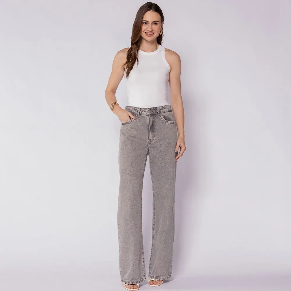 Calça Jeans Feminina Wide Leg Patricia Foster Cinza