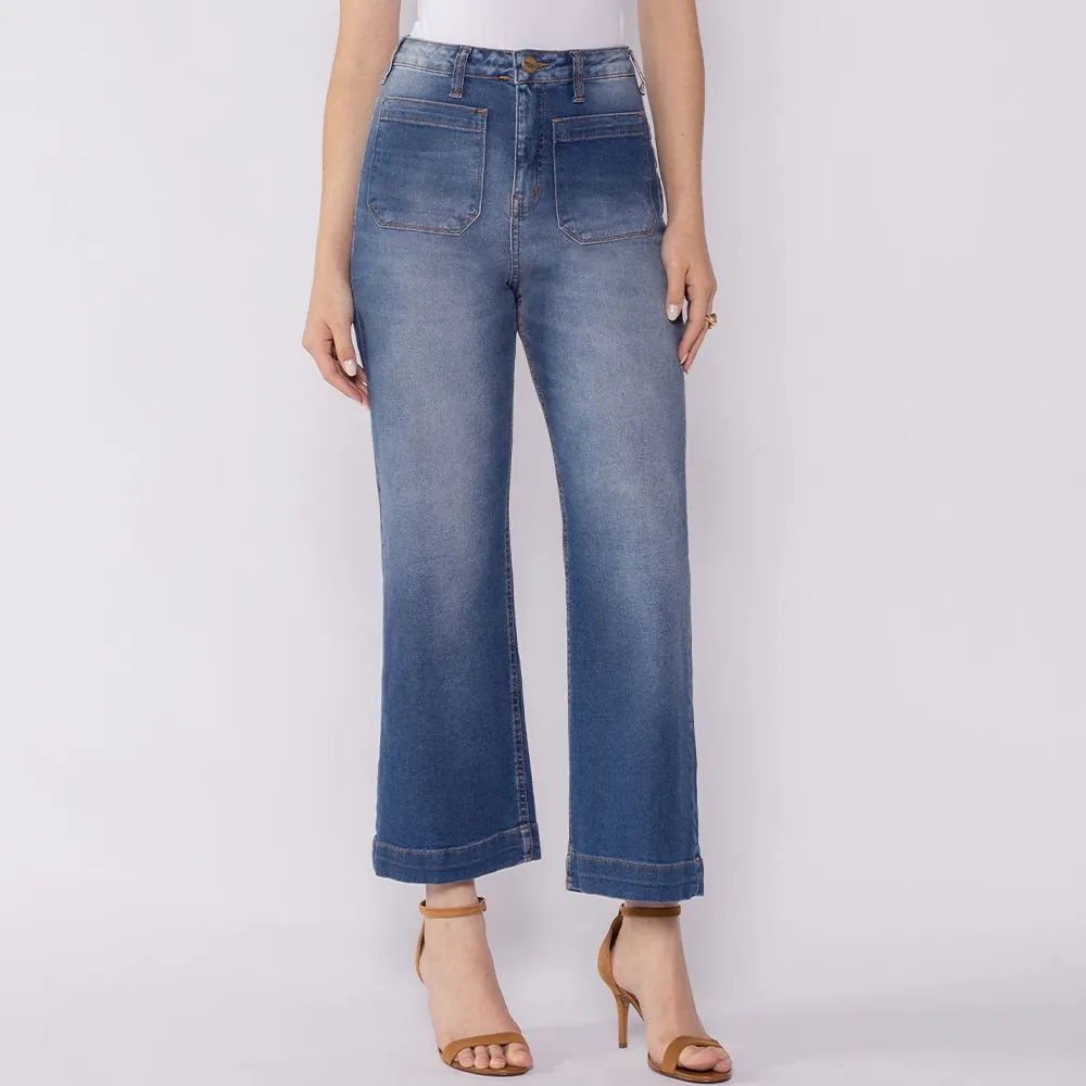 Calça Jeans Feminina Reta Cropped Patricia Foster Azul Medio