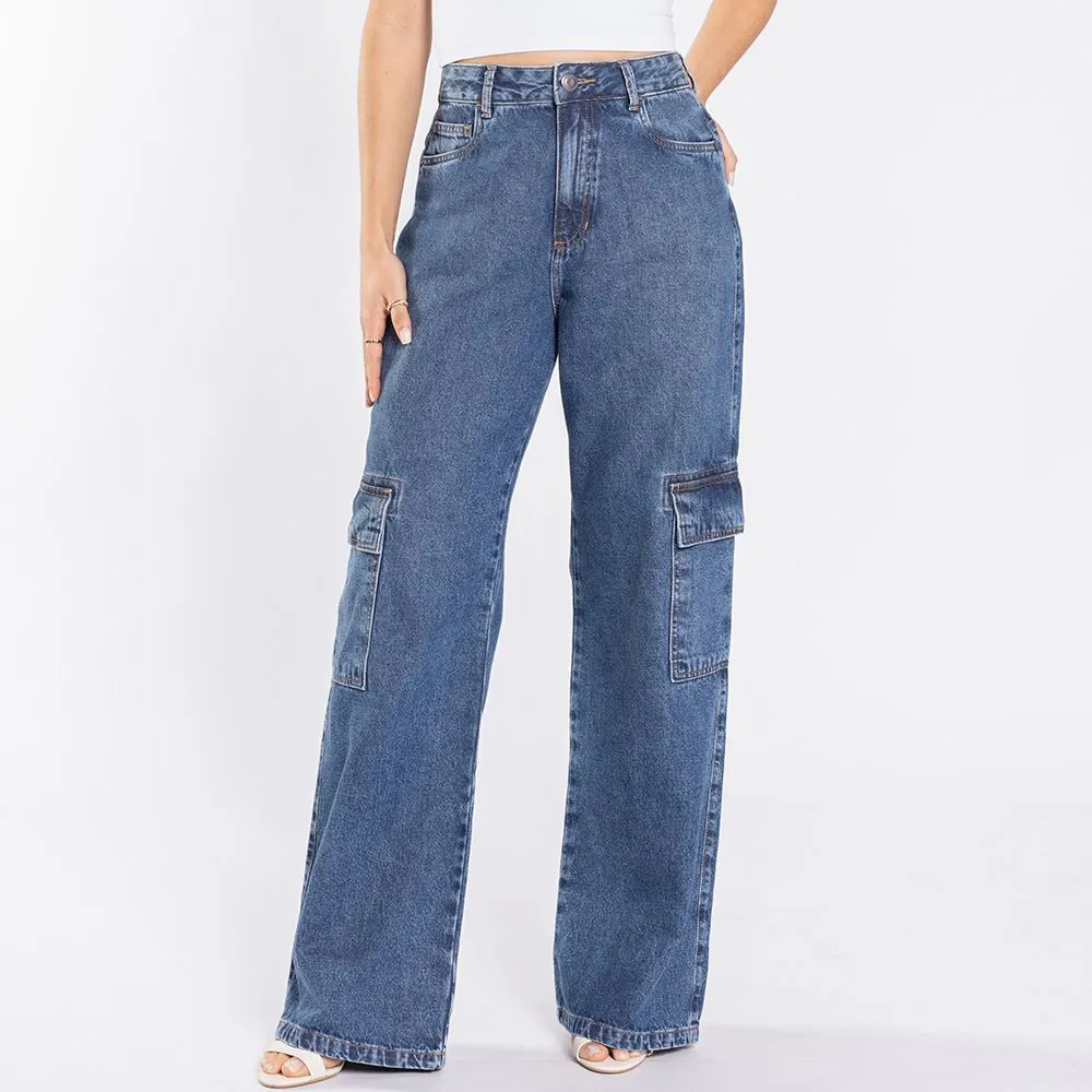 Calça Jeans Feminina Wide Leg Cargo Patricia Foster Azul Medio