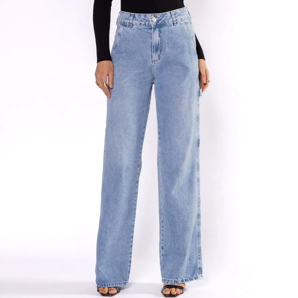 Calça Jeans Feminina Wide Leg Carpinteiro Sawary Azul Claro