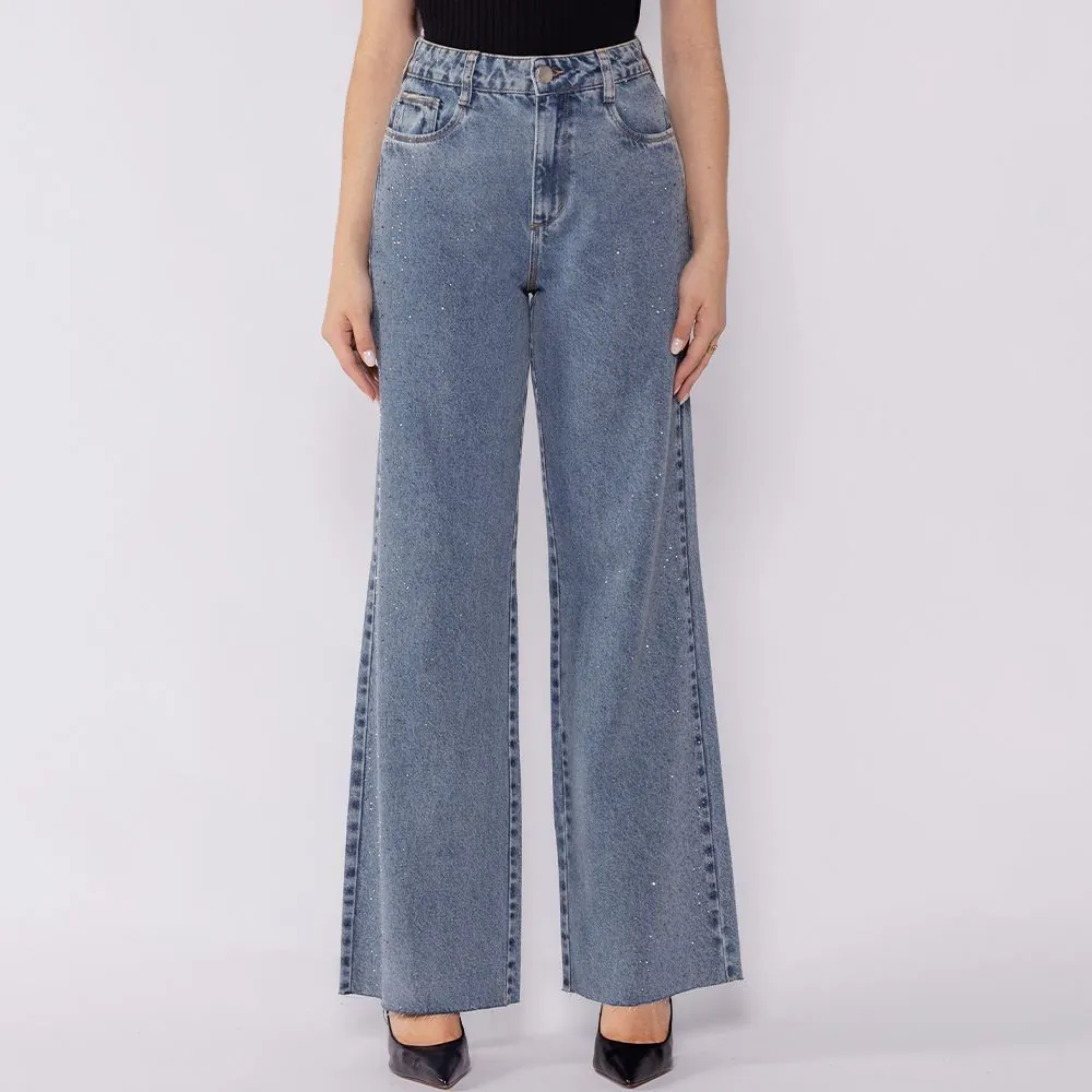 Calça Jeans Feminina Wide Leg com Strass Boby Blues Azul Medio