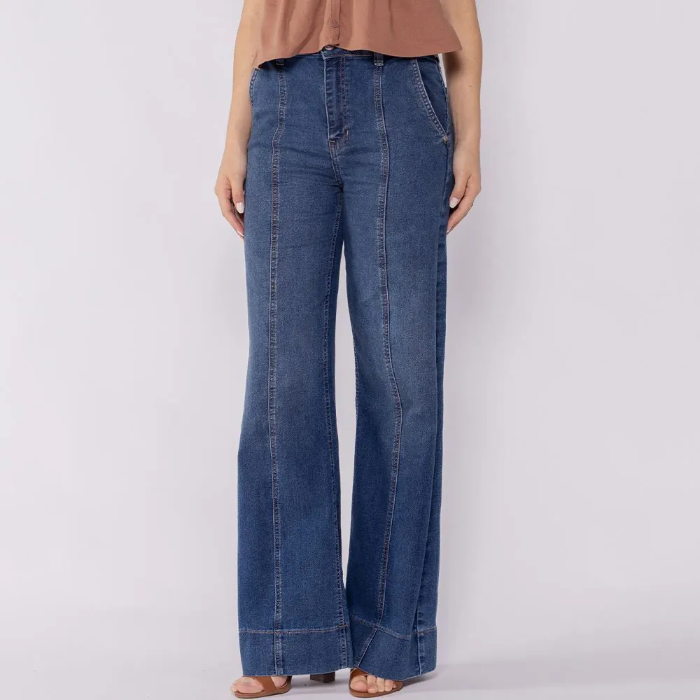 Calça Jeans Feminina Wide Leg Cós com Trança Boby Blues Azul Medio